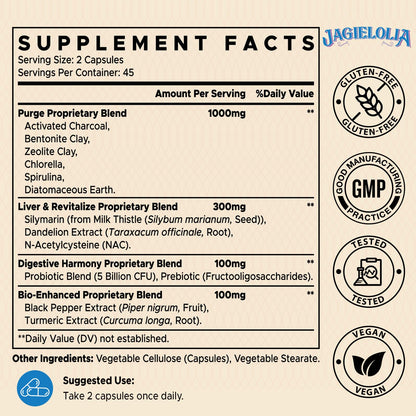 Jagielolia All-in-One Detox Binder Supplement 1500 MG - High Bioavailability, Liver Gut Detox Cleanse with Activated Charcoal, Zeolite & Bentonite Clay for Toxins, Liver, Digestive, 90 Vegan Capsules