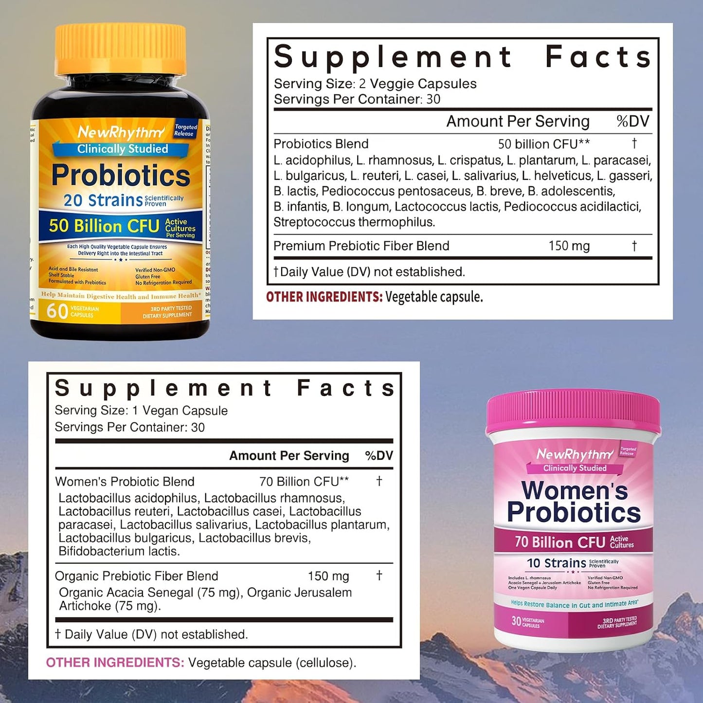 NewRhythm Gut & Feminine Health Bundle, Probiotics 50 Billion CFU & Women's Probiotics 70 Billion CFU, Daily Gut Health & Feminine Care, 90 Capsules Total (Pack of 2)