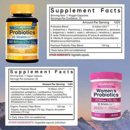 NewRhythm Gut & Feminine Health Bundle, Probiotics 50 Billion CFU & Women's Probiotics 70 Billion CFU, Daily Gut Health & Feminine Care, 90 Capsules Total (Pack of 2)