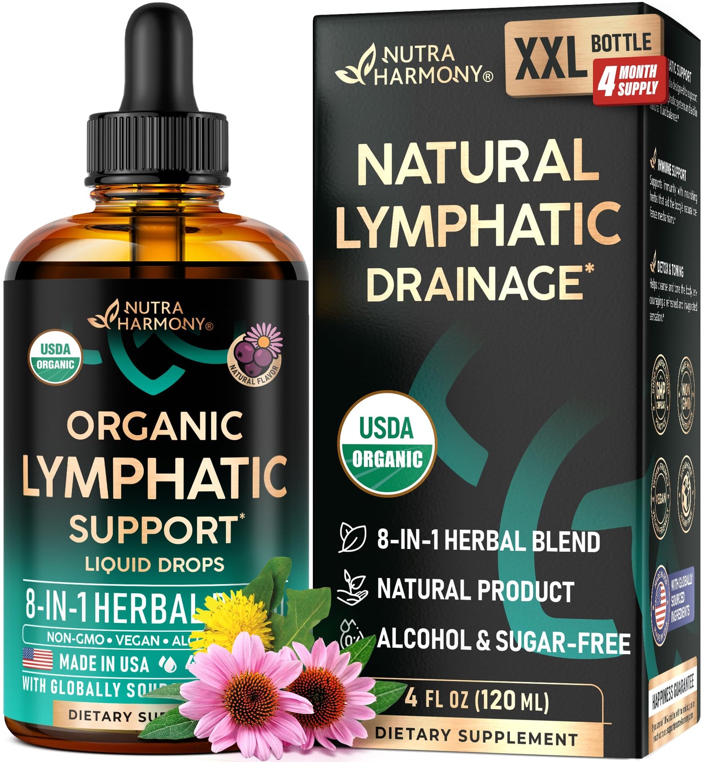 USDA Organic Lymphatic Drainage Supplement - Echinacea | Elderberry | Dandelion | Rosehip | Cleavers | Calendula | Burdock - Lab Tested - Lymph System Drops - Immune Support, Cleanse & Detox, 2 fl oz