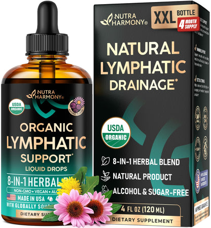 USDA Organic Lymphatic Drainage Supplement - Echinacea | Elderberry | Dandelion | Rosehip | Cleavers | Calendula | Burdock - Lab Tested - Lymph System Drops - Immune Support, Cleanse & Detox, 2 fl oz