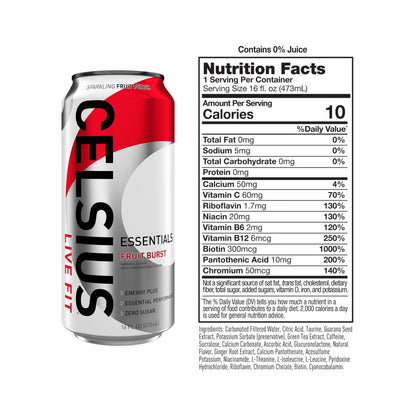 CELSIUS ESSENTIALS, Sparkling Fruit Burst, Performance Energy Drink 16 Fl Oz (Pack of 12)