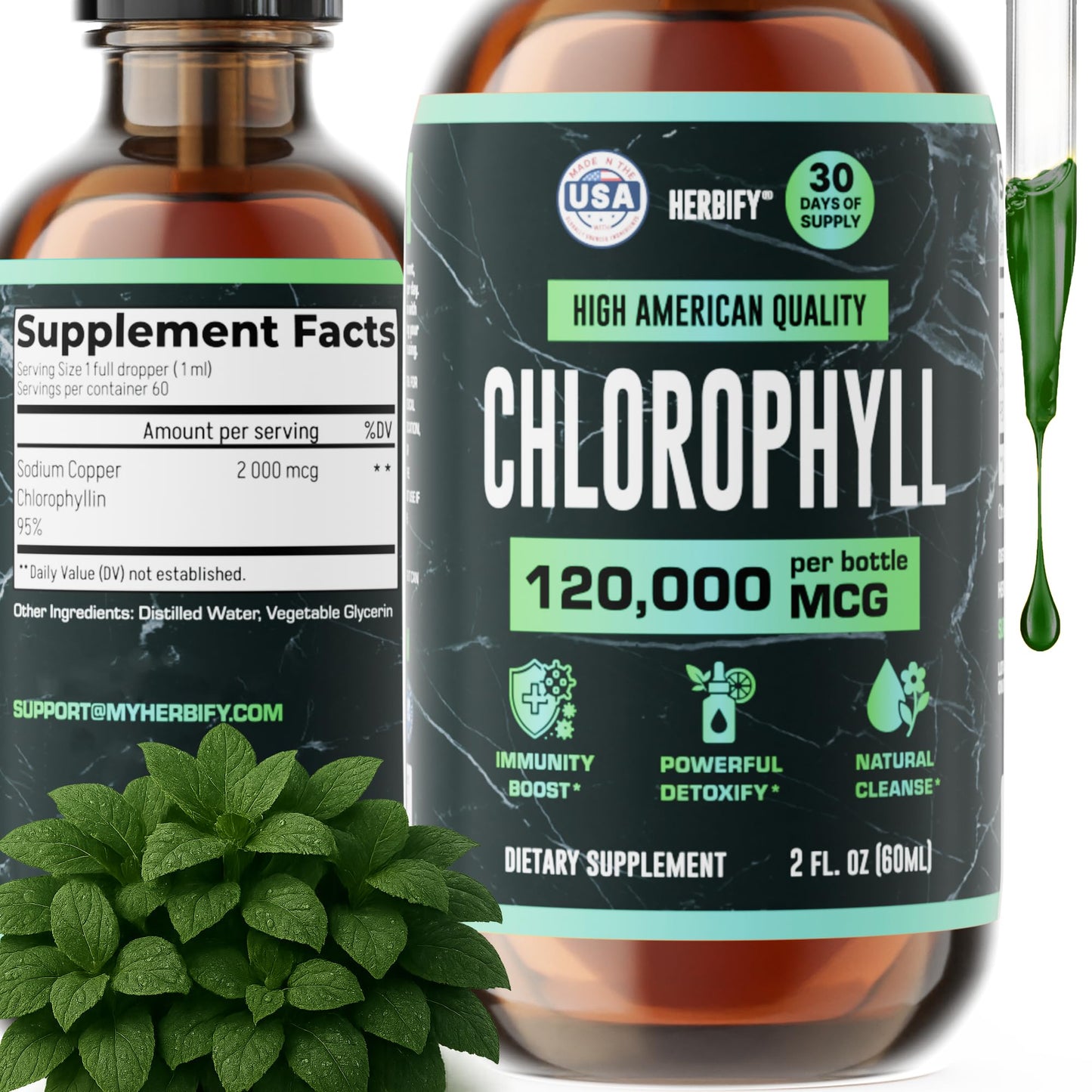 HERBIFY Chlorophyll Drops - Liquid Chlorophyll for Energy Boost & Immune System Support - Made in USA - Chlorophyll Liquid Drops for Body Detox, Internal Deodorant & Enhance Skin - 2 Oz