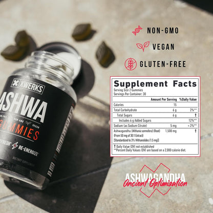 Xwerks Ashwagandha Gummies, Extra Strength 1500 mg Per Serving, Ashwagandha for Women and Men, Vegan Gluten Free, Non GMO, Vitamins and Supplements, Traditional Adaptogenic Herbal Supplement 60 Count