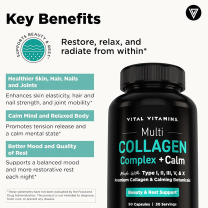 Vital Vitamins Multi Collagen Complex + Calm with Ashwagandha, 90 Capsules | Melatonin-Free Relaxation, 5 Collagen Types I, II, III, V & X with L-Theanine, Ashwagandha, GABA & Magnesium Glycinate