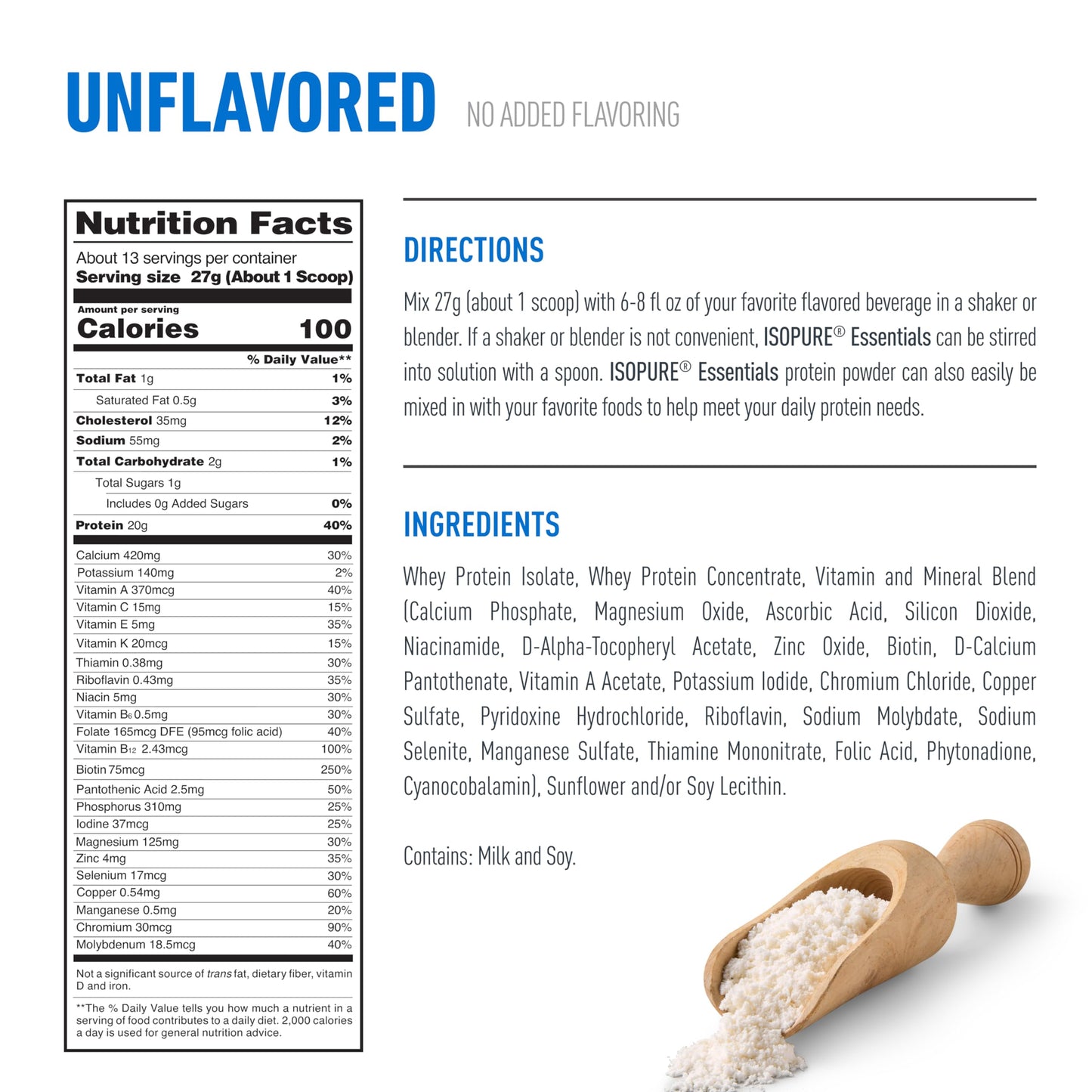 Isopure Essentials 100% Whey Protein Powder, with Vitamins, 20g Protein Per Serving, Unflavored, 13 Servings (Pack of 1)