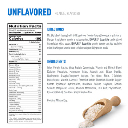 Isopure Essentials 100% Whey Protein Powder, with Vitamins, 20g Protein Per Serving, Unflavored, 13 Servings (Pack of 1)