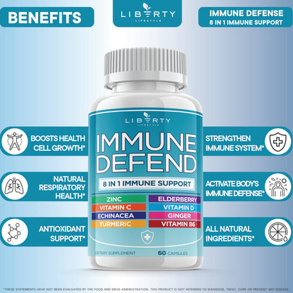 8 in 1 Immune Defense Support, Immunity Vitamins Supplement Booster Zinc 50mg, Vitamin C Elderberry VIT D3 5000 IU, Turmeric Curcumin & Ginger, Echinacea - Allergy Relief for Kids Adults (2 Pack)