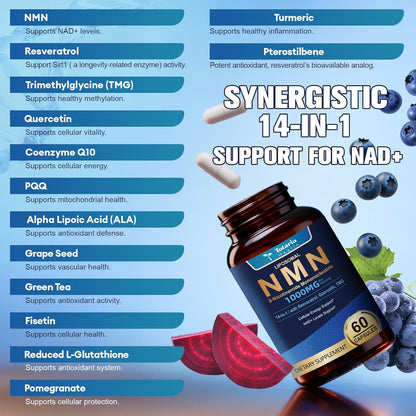 Totaria Liposomal NMN Supplement 1000mg, 14-in-1 NMN Resveratrol Complex with CoQ10, TMG, Quercetin, ALA, PQQ, Support NAD Levels, Cellular Energy & Healthy Aging, 60 Capsules, cGMP, Filler Free