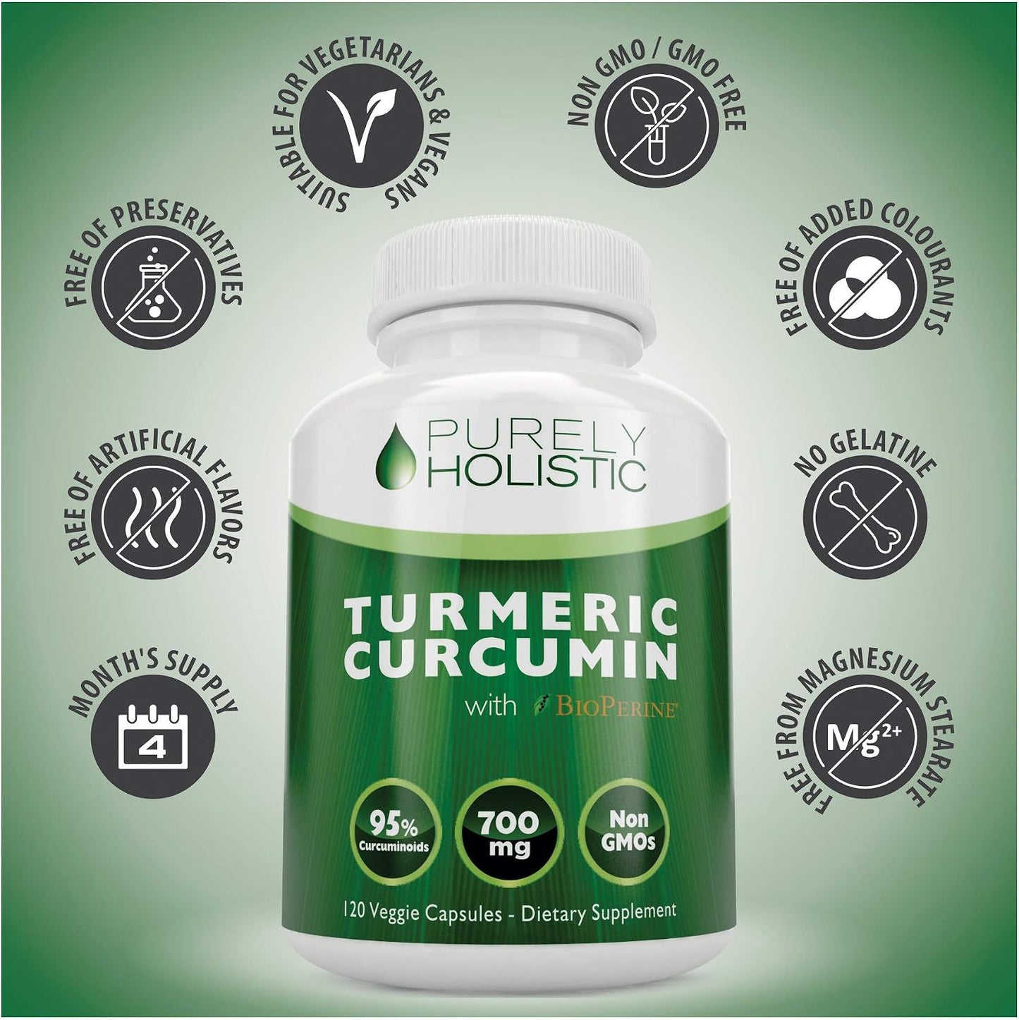 Turmeric Curcumin Supplement, Black Pepper, 95% Curcuminoid, 4 Month Supply | High-Absorption Formula, 700mg Per Serving, Once-Daily Turmeric with Black Pepper Curcumin Supplements, Non-GMO, 120 Capsules