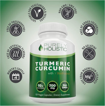 Turmeric Curcumin Supplement, Black Pepper, 95% Curcuminoid, 4 Month Supply | High-Absorption Formula, 700mg Per Serving, Once-Daily Turmeric with Black Pepper Curcumin Supplements, Non-GMO, 120 Capsules