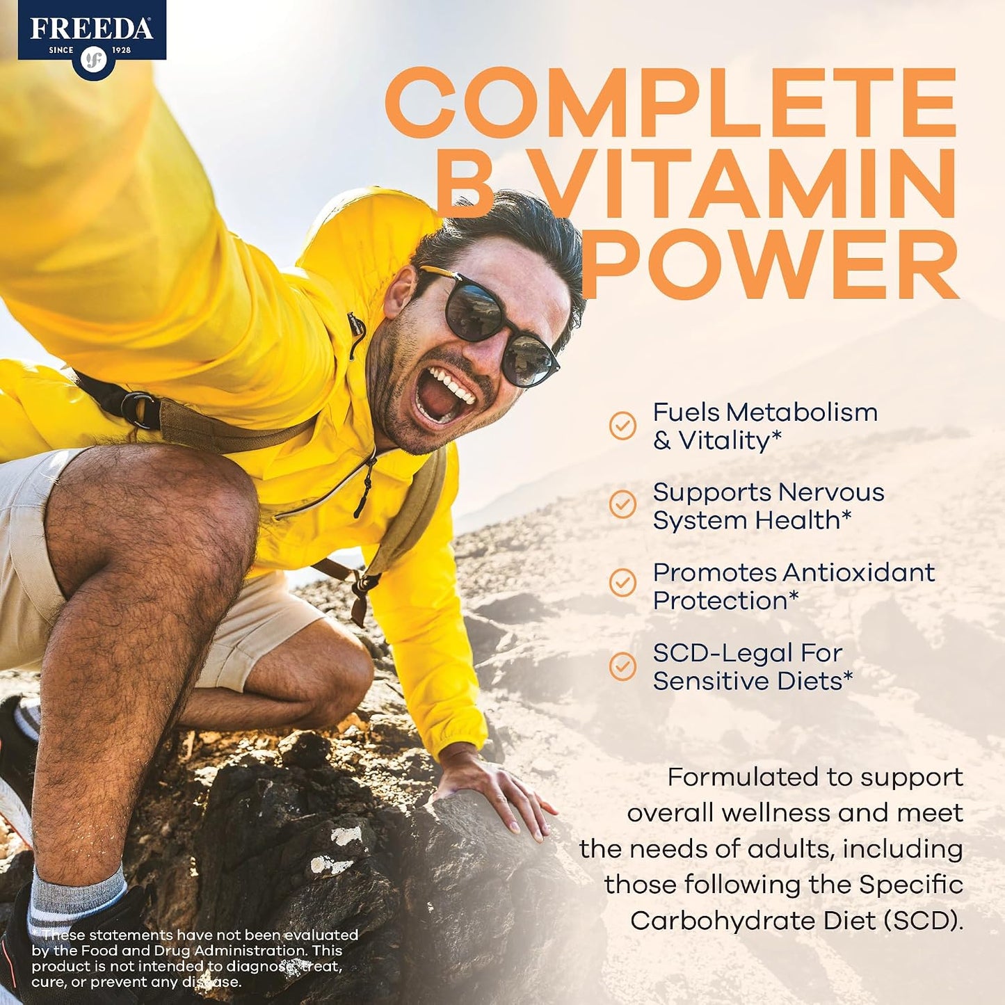 FREEDA Vitamin B Complex with Vitamin C & Zinc – 60 Capsules | Supports Energy & Metabolism with Active B12, Methylfolate, B1–B6, Biotin, Choline - Vegan, Kosher, SCD Legal