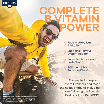 FREEDA Vitamin B Complex with Vitamin C & Zinc – 60 Capsules | Supports Energy & Metabolism with Active B12, Methylfolate, B1–B6, Biotin, Choline - Vegan, Kosher, SCD Legal