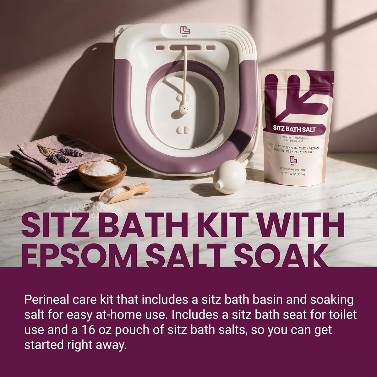 M3 Sitz Bath & Sitz Bath Salt (16 oz) Kit for Postpartum & Hemorrhoid Care