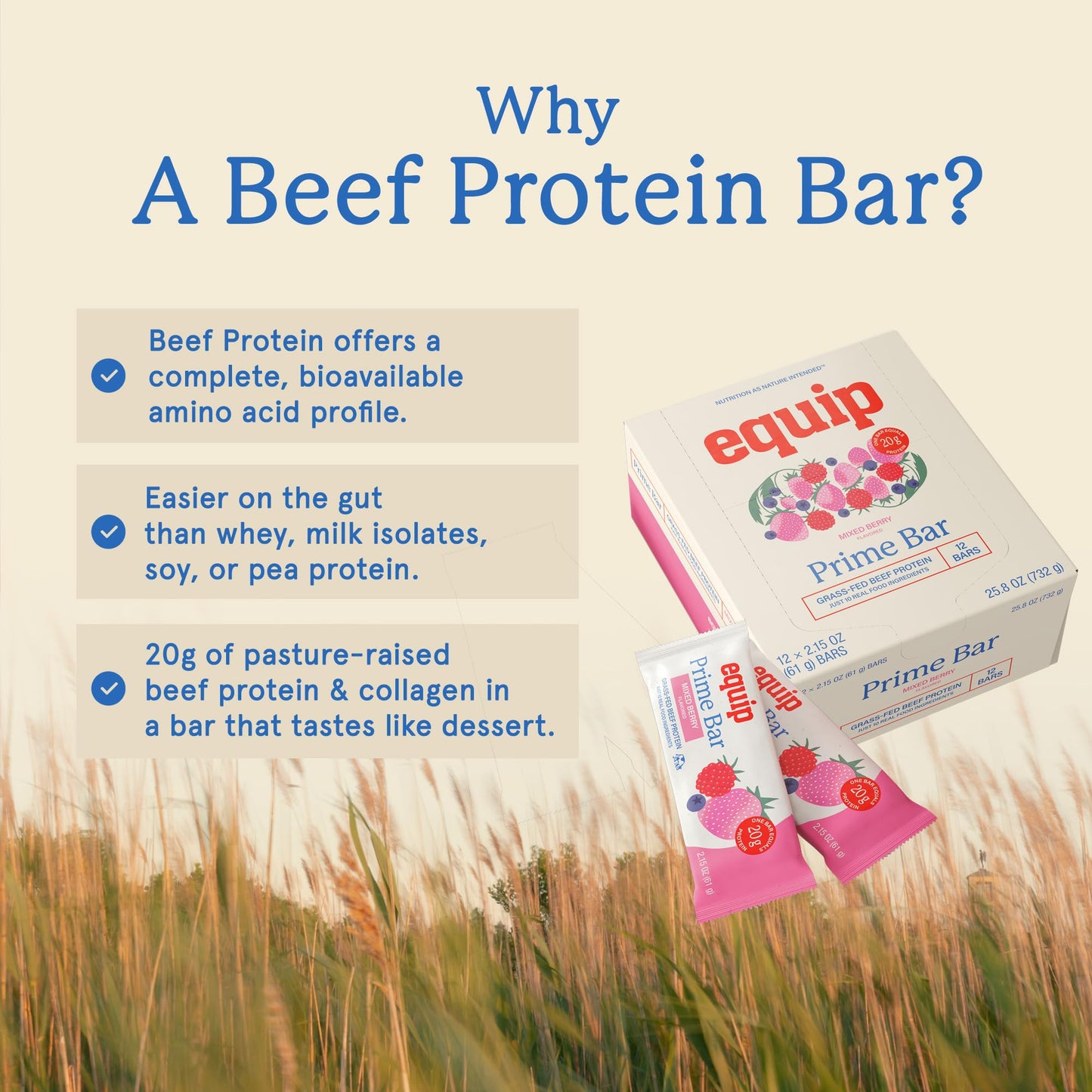 Equip Foods High Protein Prime Bars – Grass Fed Beef Protein, Collagen & Tallow – Gut Friendly, Gluten Free 20g Protein Bars - Only Real-Food Ingredients - Peanut Butter Chocolate, 12 Count