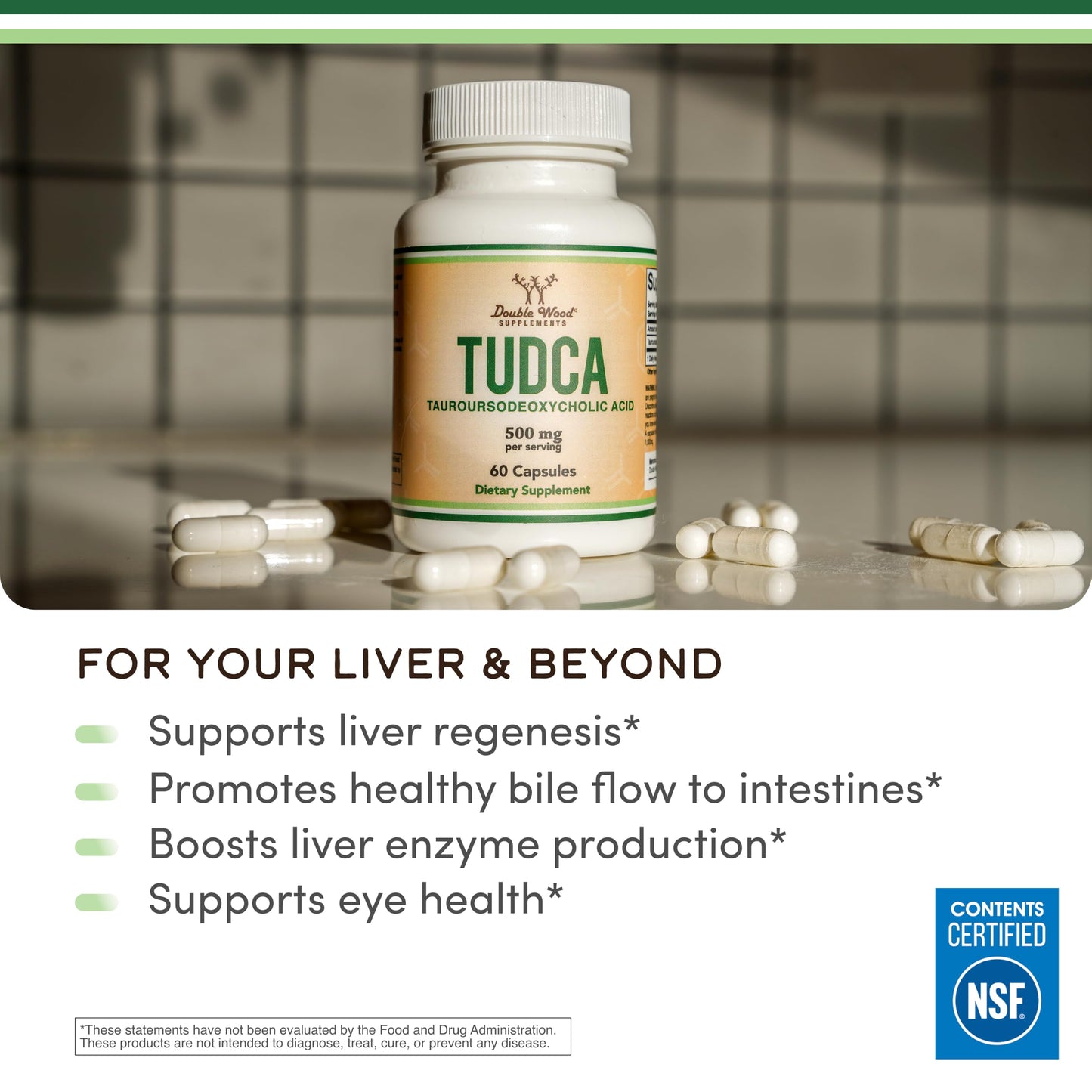 TUDCA Bile Salts Liver Support Supplement, 500mg Servings, Liver and Gallbladder Cleanse Supplement (60 Capsules, 250mg) Genuine Bile Acid TUDCA with Strong Bitter Taste by Double Wood