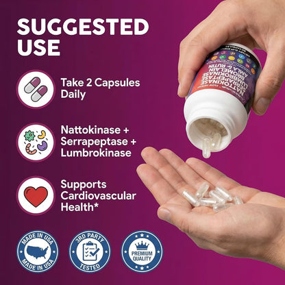Clean Nutraceuticals Nattokinase 5000 FU Serrapeptase 120000 SPU Lumbrokinase Enzyme Supplement with Bromelain Papain Papaya Enzymes Rutin Extract Amla Magnesium Vitamin B6 & VIT C Capsules