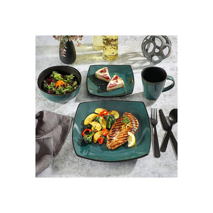 Gibson Elite Soho Lounge 16 Piece Reactive Glaze Dinnerware Set, Soft Square, Teal Green