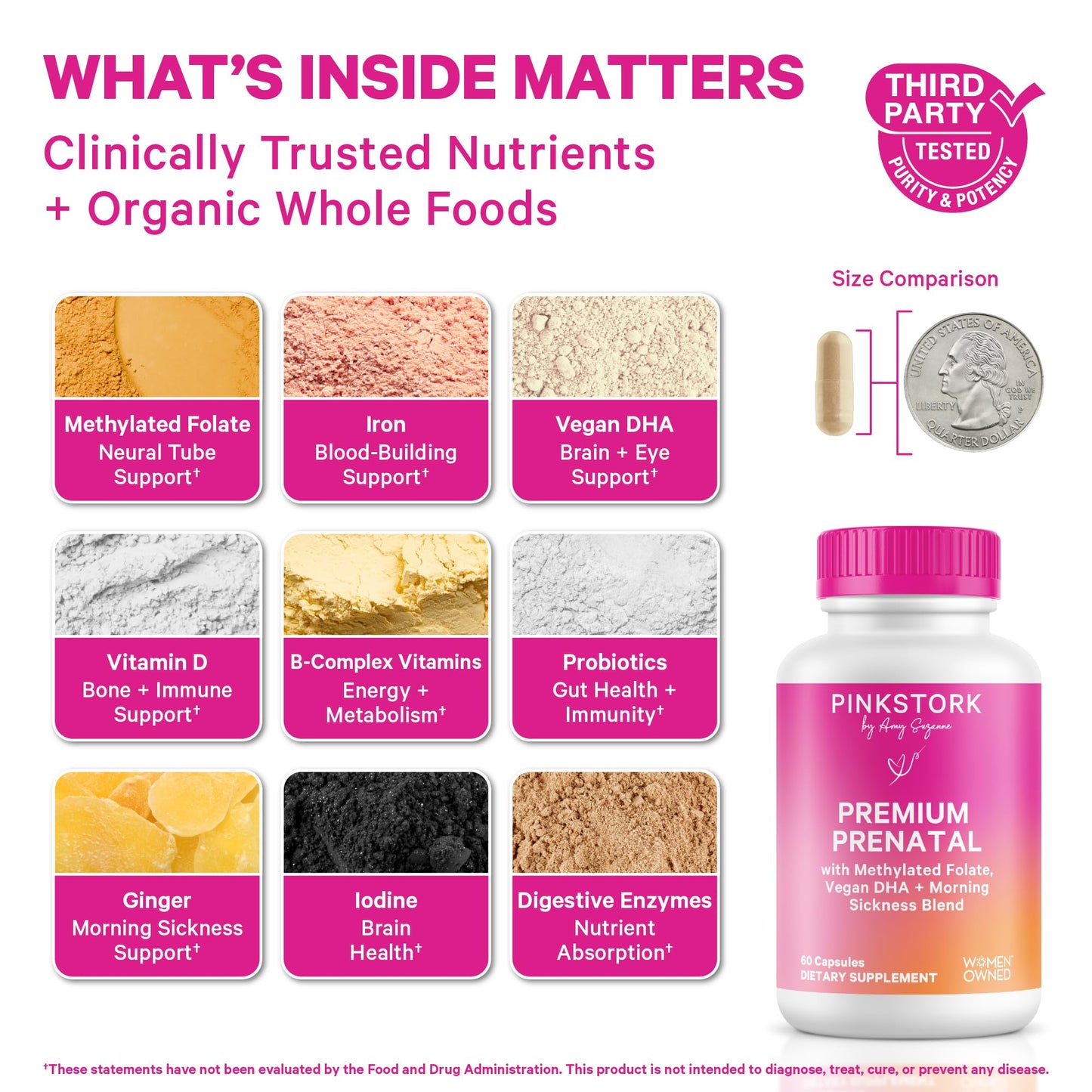 Pink Stork Premium Prenatal Vitamins for Women, 60 Count | No Fishy Burps, Methylated Folate, Choline, Vegan Algae DHA, Iron, Doctor-Formulated, Organic Whole-Foods, Probiotic