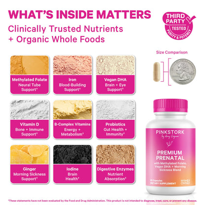 Pink Stork Premium Prenatal Vitamins for Women, 60 Count | No Fishy Burps, Methylated Folate, Choline, Vegan Algae DHA, Iron, Doctor-Formulated, Organic Whole-Foods, Probiotic