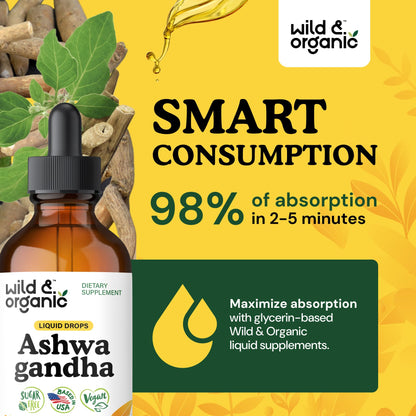 Wild & Organic Ashwagandha Drops - Mood Support & Positive Energy - 500 mg Ashwagandha for Women & Men - Add to Tea Liquid Extract for Relaxation - Non-GMO, Sugar & Alcohol-Free Tincture - 4 fl oz