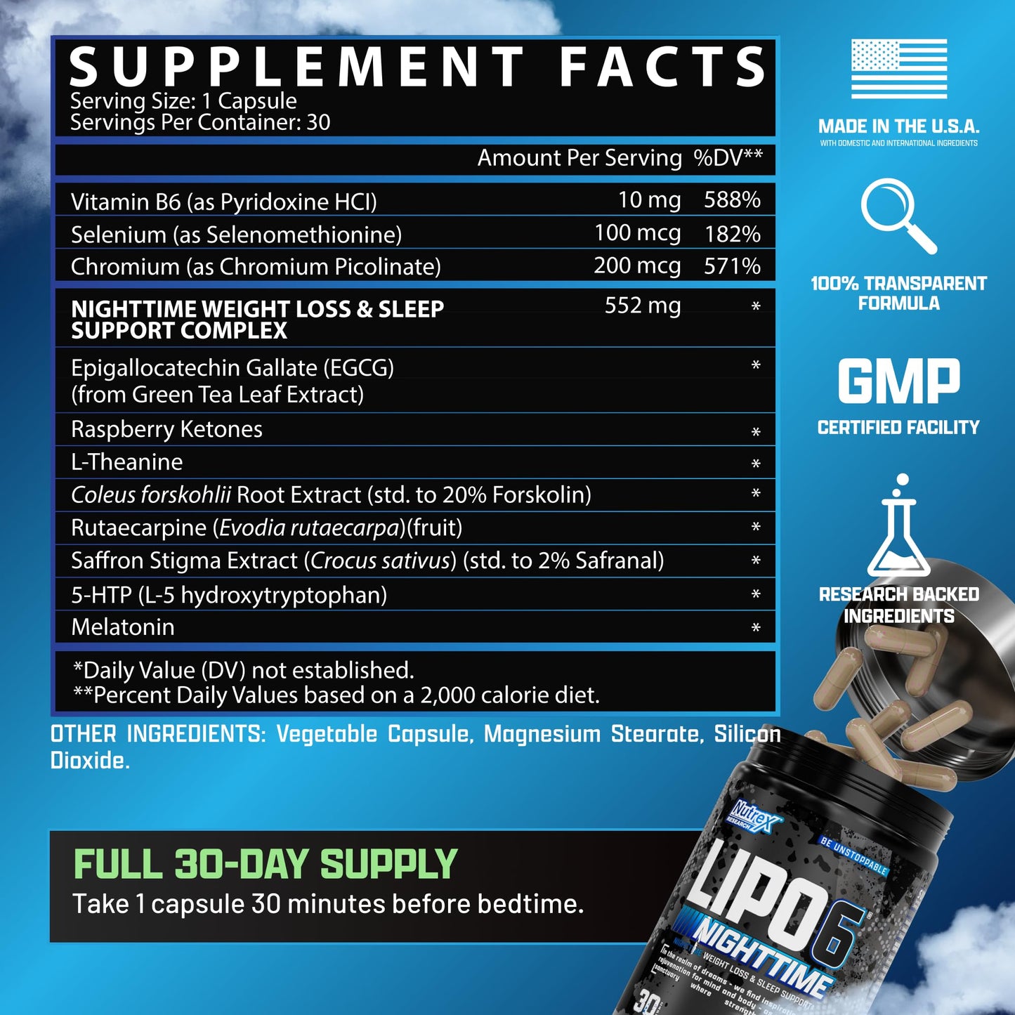 Nutrex Lipo 6 Nighttime Fat Burner | Melatonin Sleep Aid & Weight Loss Diet Pills for Men and Women | Night Time Metabolism Booster Appetite Suppressant | 30 Servings (1)