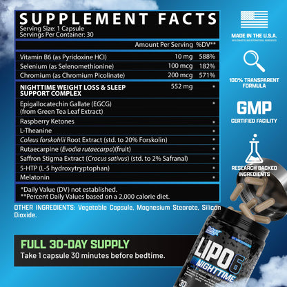 Nutrex Lipo 6 Nighttime Fat Burner | Melatonin Sleep Aid & Weight Loss Diet Pills for Men and Women | Night Time Metabolism Booster Appetite Suppressant | 30 Servings (1)