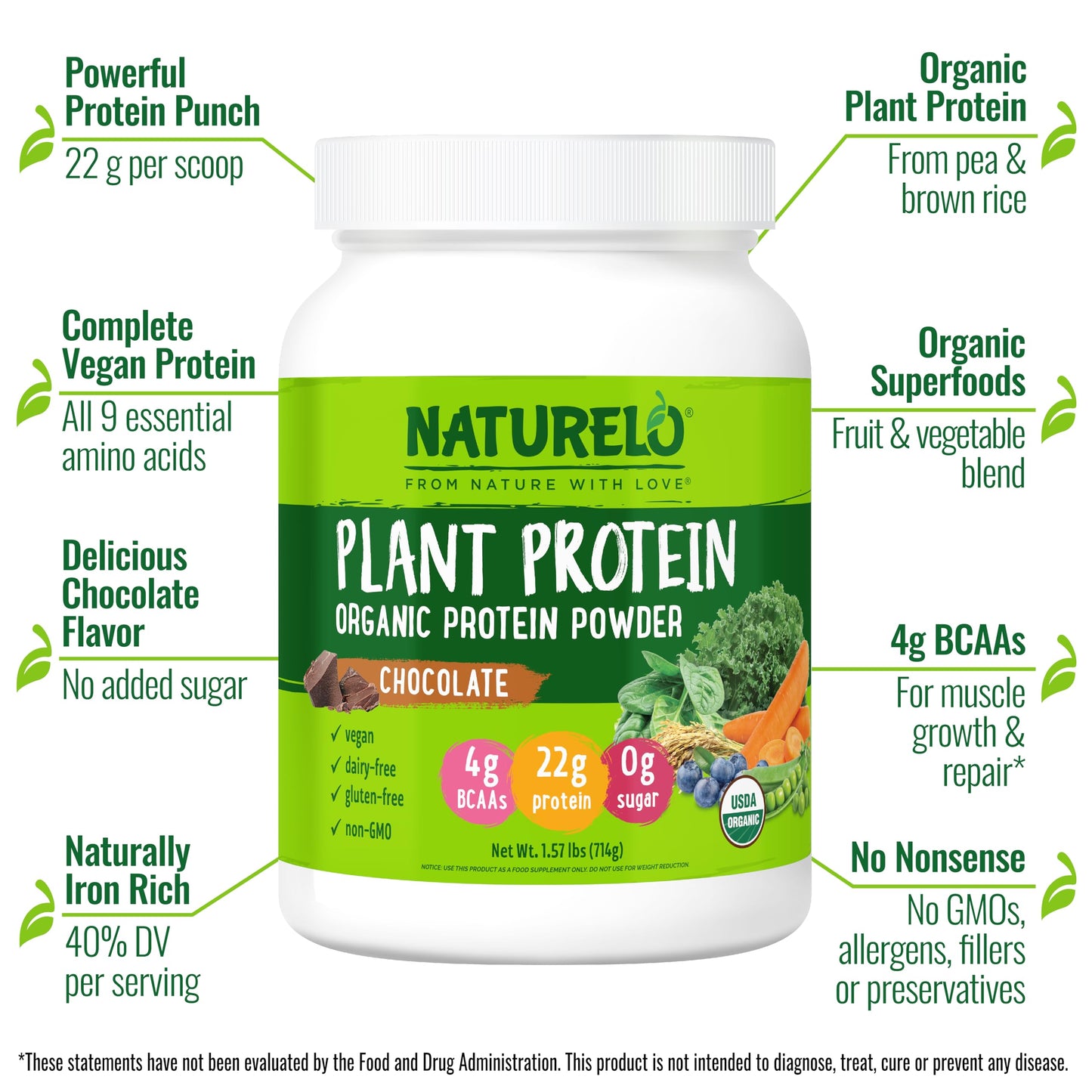 NATURELO Plant Protein Powder, Vanilla, 22g Protein - Non-GMO, Vegan, No Gluten, Dairy, or Soy - No Artificial Flavors, Synthetic Coloring, Preservatives, or Additives - 20 Servings