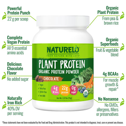 NATURELO Plant Protein Powder, Vanilla, 22g Protein - Non-GMO, Vegan, No Gluten, Dairy, or Soy - No Artificial Flavors, Synthetic Coloring, Preservatives, or Additives - 20 Servings