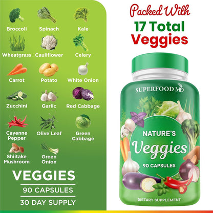 Superfood MD Veggies Supplement - 90 Veggie Capsules - Supports Energy Levels, Beta Carotene, Vitamins & Minerals - Soy Free - 90 Count
