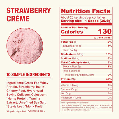Grass Fed Whey Protein Powder, Vanilla Bean + Strawberry Crème, 24g Protein with Collagen Peptides, Bovine Colostrum, Hemp Hearts & Prebiotic Fiber, No Added Sugar, 40 Servings Total
