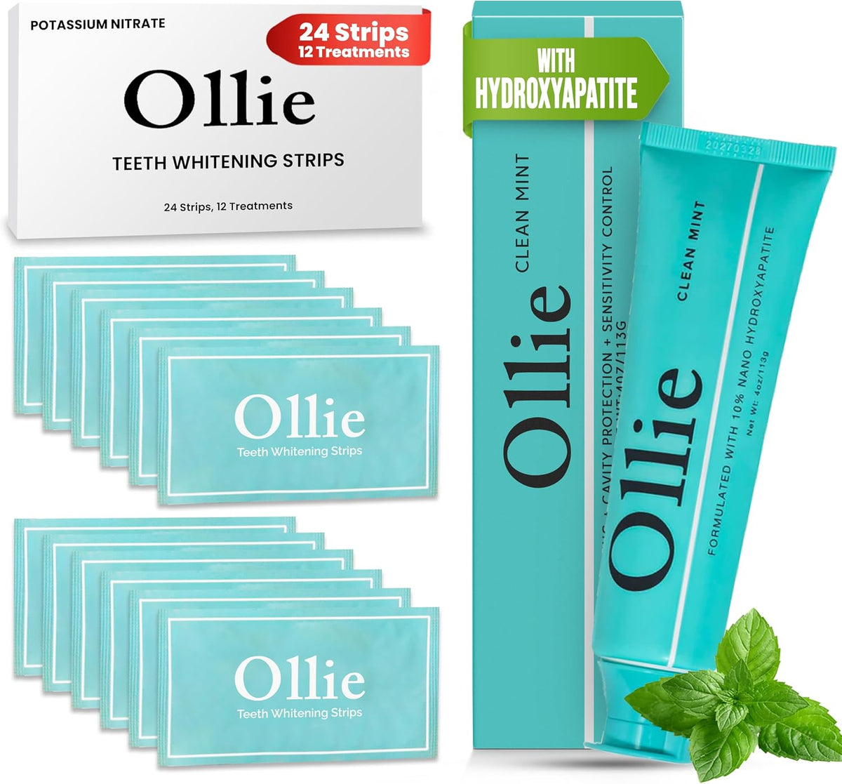 Ollie Clean Mint Nano Hydroxyapatite Toothpaste & Whintening Strips 24 Strips, 12 Treatments for Teeth Whitening