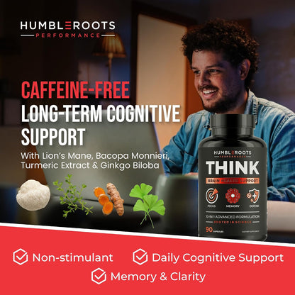 All-Natural Brain Supplement for Memory and Focus - Caffeine-Free Long-Term Cognitive Support - 10 Nootropic Ingredients Including Lion’s Mane, Bacopa, Turmeric, Ginkgo & Huperzine A - 90 Capsules