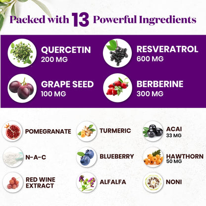 Resveratrol Berberine Grape Seed Extract Quercetin - Polyphenol Supplement with Noni Extract, N-Acetyl Cysteine, Acai Extract - Made in The USA - 120 Capsules