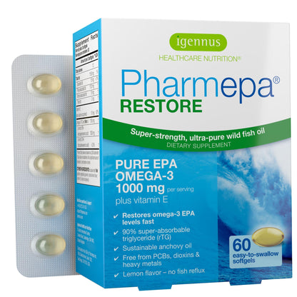 Igennus Pharmepa Restore, Pure EPA 1000mg, IFOS Certified, 90% High Concentration, rTG Omega-3 for High Absorption, Triple Strength, Wild Fish Oil, 60 Softgels