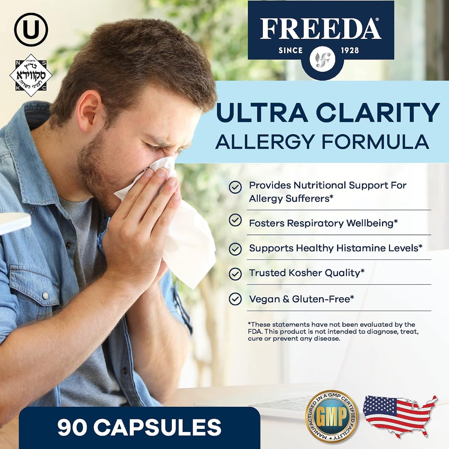 FREEDA Natural Allergy Capsules with Quercetin Bromelain & Nettle Leaf 90ct | Supports Seasonal Wellness & Respiratory Health – Botanical Quercetin Blend – Non-Drowsy Formula, Vegan & Made in USA