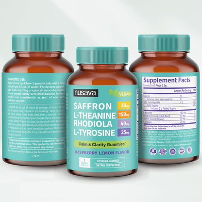 4-in-1 Saffron Gummies - Saffron Supplements with Rhodiola Rosea, L Theanine Gummies & L-Tyrosine - Saffron Extract Mood Support Supplement for Calm & Focus - Vegan, Non-GMO & Gluten-Free (30 Ct)