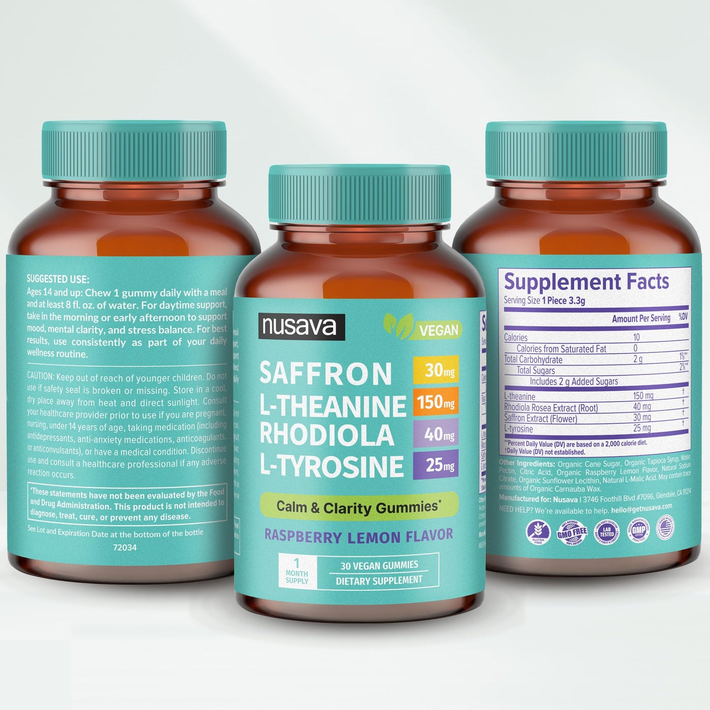4-in-1 Saffron Gummies - Saffron Supplements with Rhodiola Rosea, L Theanine Gummies & L-Tyrosine - Saffron Extract Mood Support Supplement for Calm & Focus - Vegan, Non-GMO & Gluten-Free (30 Ct)