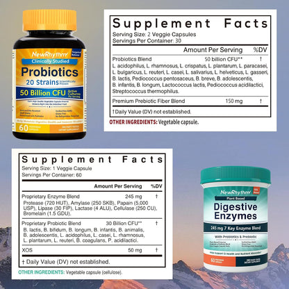 NewRhythm Digestion Boost Bundle, Probiotics, Prebiotics, Digestive Enzymes, Digestion & Immune Support, Bundle & Save, 60 Capsules Each