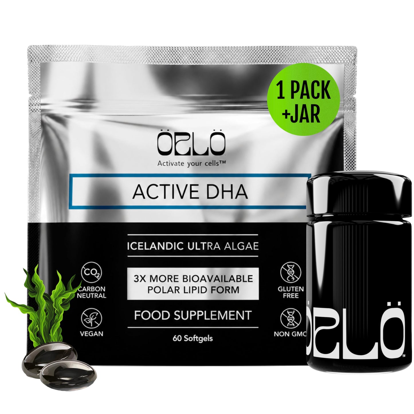 Orlo DHA Supplement 1000mg - 3X Absorption Natural Icelandic Nordic Omega 3 DHA & EPA for Brain & Eye Support – Vegan Fish Oil Alternative, No Fishy Aftertaste, 60 Easy-to-Swallow Mini Softgels
