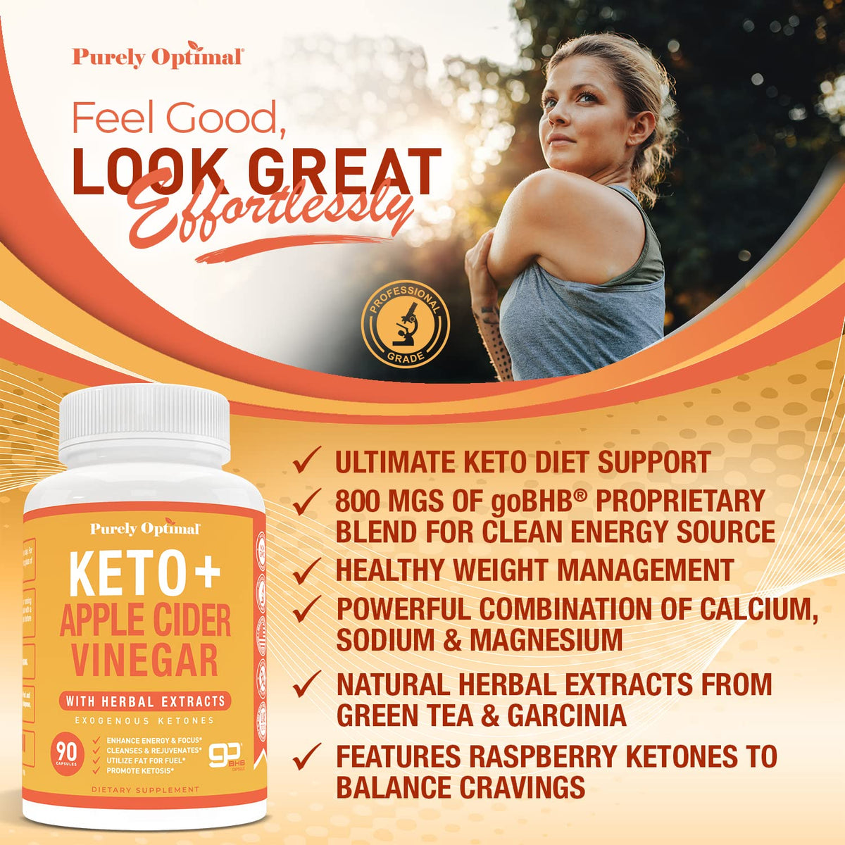 Purely Optimal Premium Keto+Apple Cider Vinegar Pills - Promote Ketosis, Boost Energy