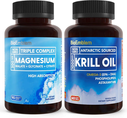 BioEmblem Triple Magnesium Complex and Antarctic Krill Oil, Supports Sleep and Brain Health, Heart and Joint Health, Promotes Cardiovascular Health, and Supports Relaxation