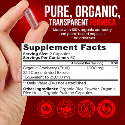 OmniBiotics USDA Organic Cranberry Pills for Women - High Potency 25,000 mg Supplement with 25:1 Fruit Extract - Daily Urinary Tract Support - 120 Vegan Capsules