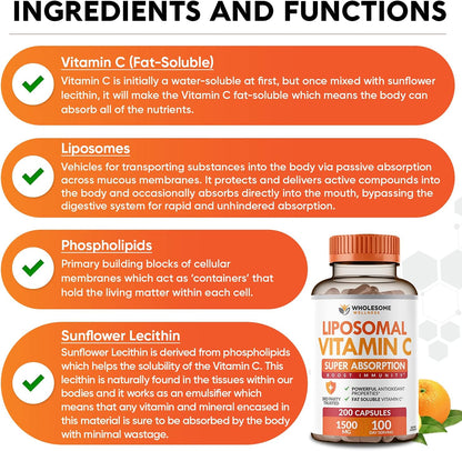 Wholesome Wellness Liposomal Vitamin C Capsules (200 Pills 1500mg Buffered) High Absorption VIT C + Whole Food Multivitamin for Women - Natural Multi Vitamins, Minerals, Organic Extracts Bundle