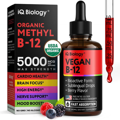Organic Vitamin B12 Liquid Drops - Sublingual Methylcobalamin 5000 mcg, 2oz | Methylated B-12 Active Coenzyme Form - Energy & Nerve System Support - Berry Flavor - 60 servings