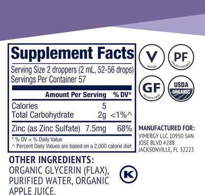 VIMERGY USDA Organic Zinc Supplements for Women & Men (7.5mg Liquid Zinc Per Serving) Fast-Absorbing Immune Support, Promotes Healthy Bones & Skin, Vegan, Up to 57 Servings (115 mL)