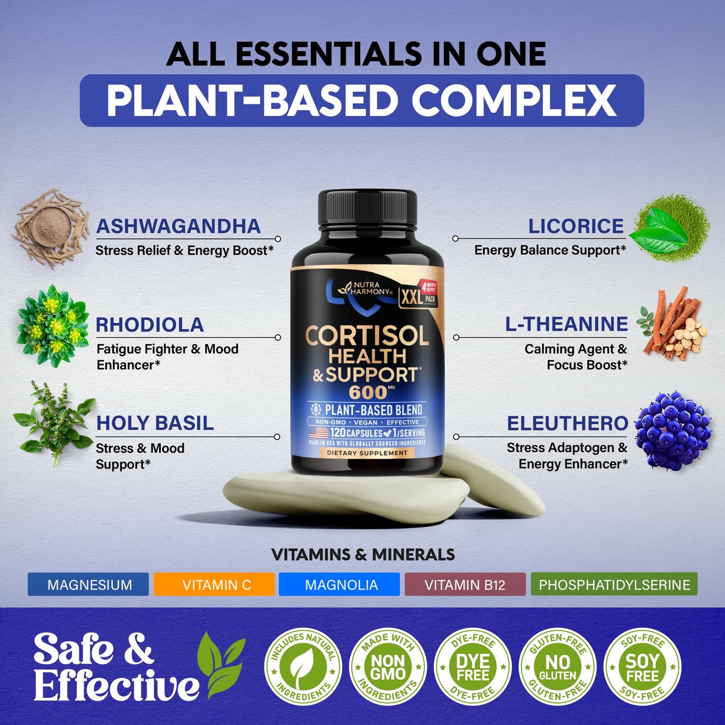 Cortisol Supplement for Women - Holy Basil | Ashwagandha | Rhodiola | L-Theanine - Plant-Based Hormone Balance - Mood, Focus & Sleep Support - Lab Tested - Vegan, Non-GMO - 60 Capsules for 2 Months