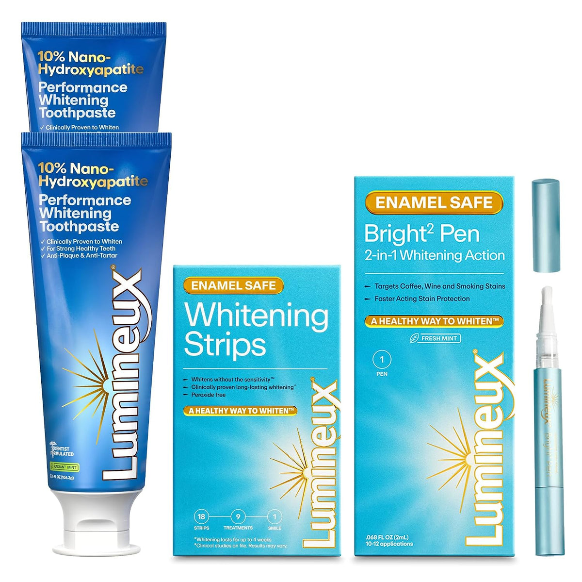 Lumineux Whitening Bundle | Nano Hydroxyapatite Toothpaste (2 Pack) + Whitening Strips (9 Treatments) + 2-in-1 Whitening Pen | Peroxide-Free, Enamel-Safe Whitening Without Sensitivity