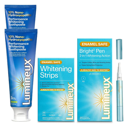 Lumineux Whitening Bundle | Nano Hydroxyapatite Toothpaste (2 Pack) + Whitening Strips (9 Treatments) + 2-in-1 Whitening Pen | Peroxide-Free, Enamel-Safe Whitening Without Sensitivity
