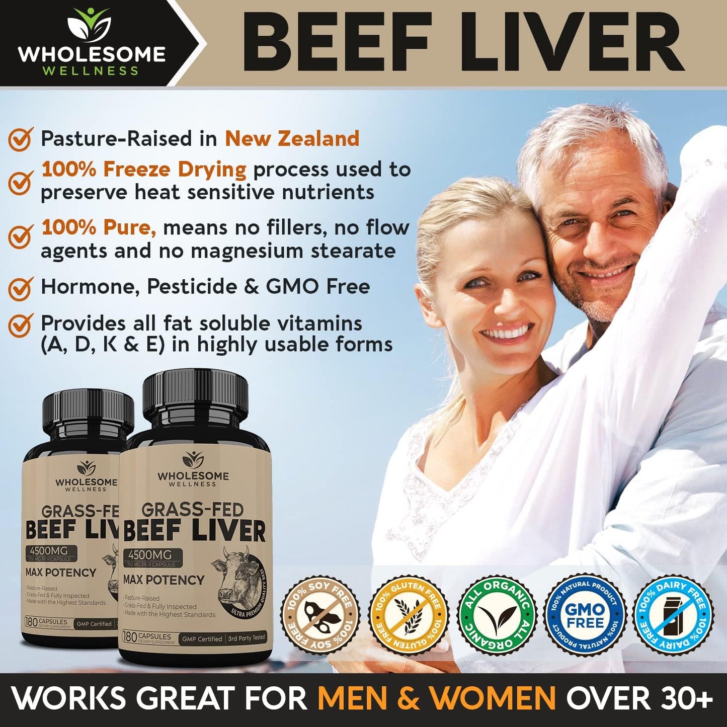Grass Fed Desiccated Beef Liver Capsules (180 Pills, 750mg Each) + Whole Food Multivitamin for Men - Natural Multi Vitamins, Minerals, Organic Extracts Bundle